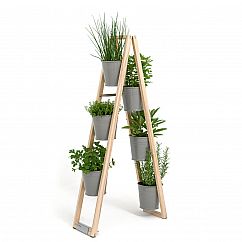 Design Blumenleiter, Pflanzleiter von FAIRWERK - Holzleiter mit Blumentöpfen - Modell grau freistehend