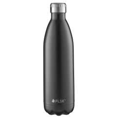 FLSK Thermosflasche BLCK mit 1000 ml Füllvolumen. Die schwarze, BPA-freie Trinkflasche aus Edelstahl mit auslaufsicheren Schraubverschluss.