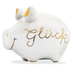 Sparschwein mit goldenem Schriftzug GLÜCK. Aus der Sonder-Goldedition von KCG Design.