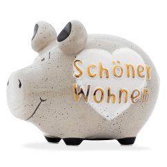 Sparschwein grau aus Keramik mit weißem Herz und goldenem Schriftzug Schöner Wohnen von KCG Chaoskind.