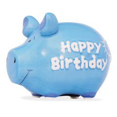 Blaues Sparschwein aus Keramik mit Schriftzug Happy Birthday von KCG Design.