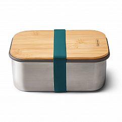 Lunchbox mit großem Volumen 1,25 Liter. Sandwichbox aus Edelstahl mit Holzdeckel aus Bambus. Aus der Serie Box Appetit von black & blum Design. Mit Gummiband in in petrol blau.
