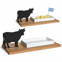 Käseschale Kuh von side by side: mit Kuh-Silhouette, Spitzahorn-Brett und weißer Porzellanschale.
